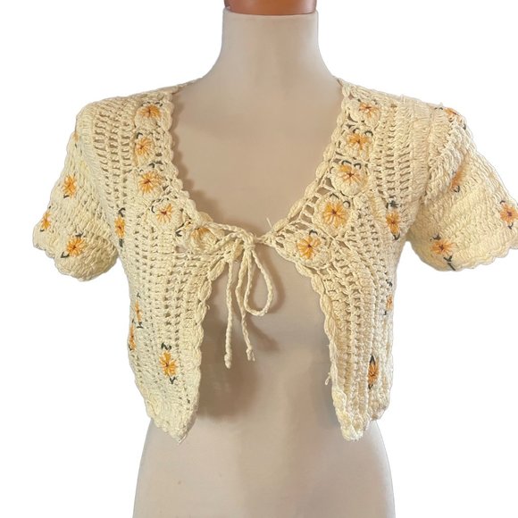 Cotton On Sweaters - Cotton On Small Yellow Knit Crop Cardigan tie front floral details
